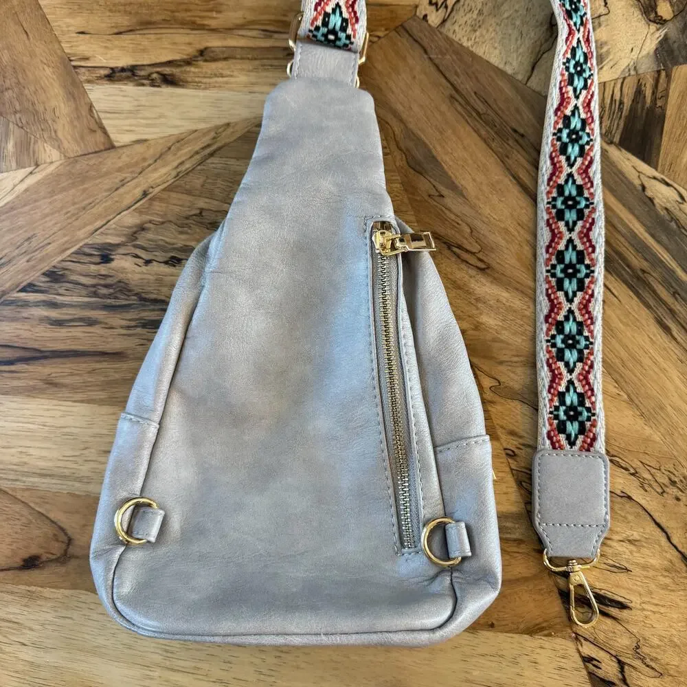Moda Luxe Regina Vegan Leather Sling Backpack Gray Silver Boho Guitar Strap 888
